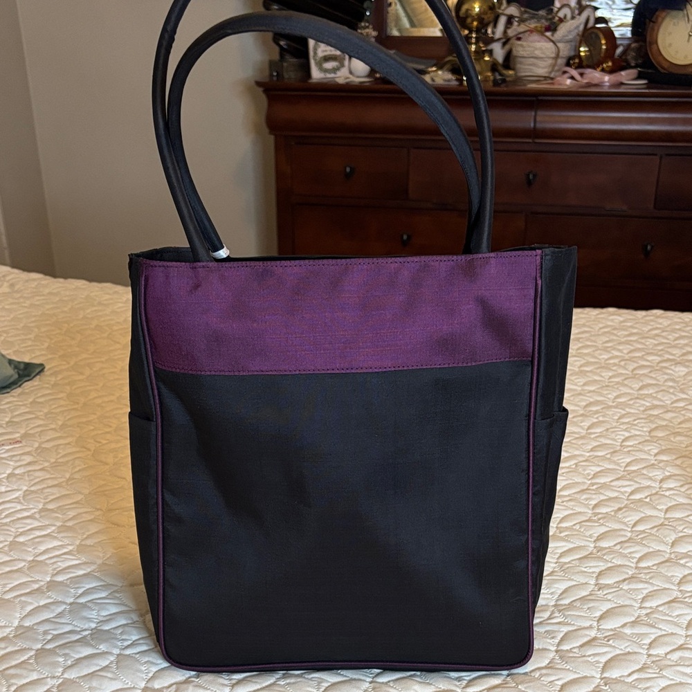 Claire V. Luxury Silk Black and Purple Satchel Zip Top Closure NWT - Picture 5 of 15